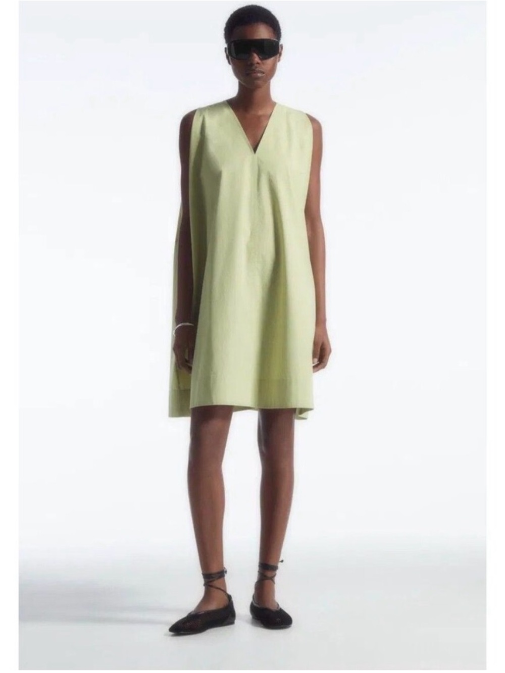 COS Mint Green Cotton V-Neck Sleeveless Midi Shift Dress Womens Size 12